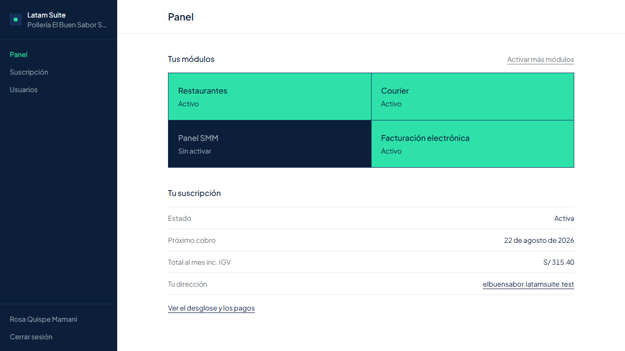 El panel de LatamSuite con los productos contratados
